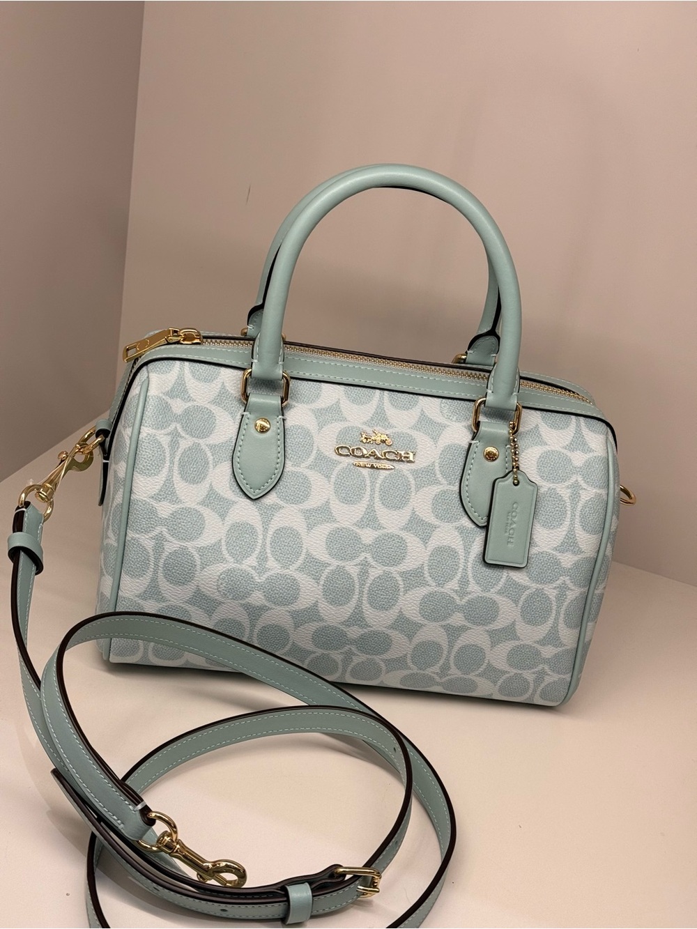 COACH Light Blue Rowan MEDIUM Signature Canvas Satchel Bag